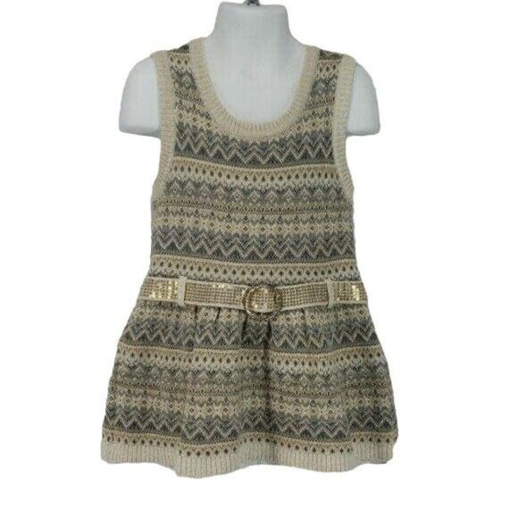 Little Lass Girls Crochet Tan Zig Zag Boho Sleevless Sweater Dress Size 5 - Picture 1 of 8